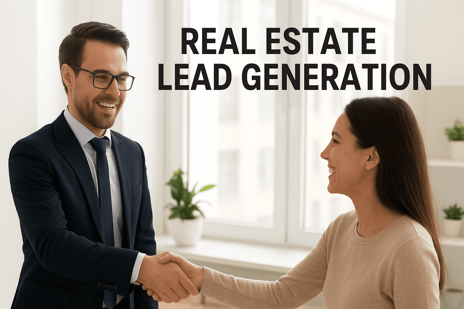 A real estate agent in a suit shaking hands with a smiling client in a modern office, symbolizing successful lead generation and property deal closure by Finalus.