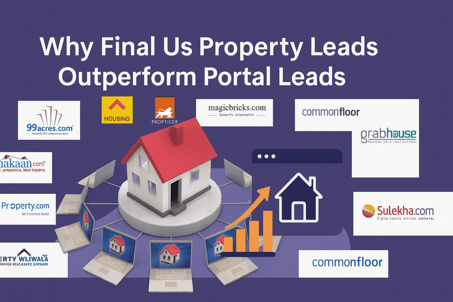 Real estate portals surrounding a house with laptops, comparing Final Us property leads vs portal leads.”