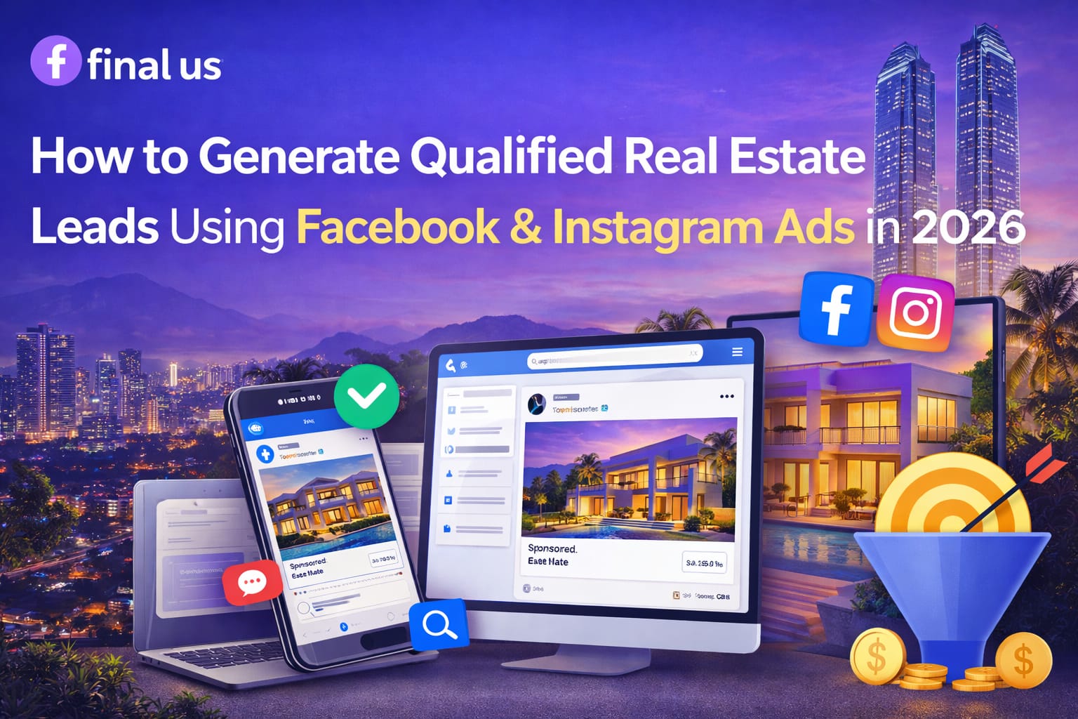 Digital illustration showing Facebook and Instagram real estate ads on mobile and desktop screens with luxury property visuals, symbolizing qualified real estate lead generation through Meta ads in 2026 by Final Us.