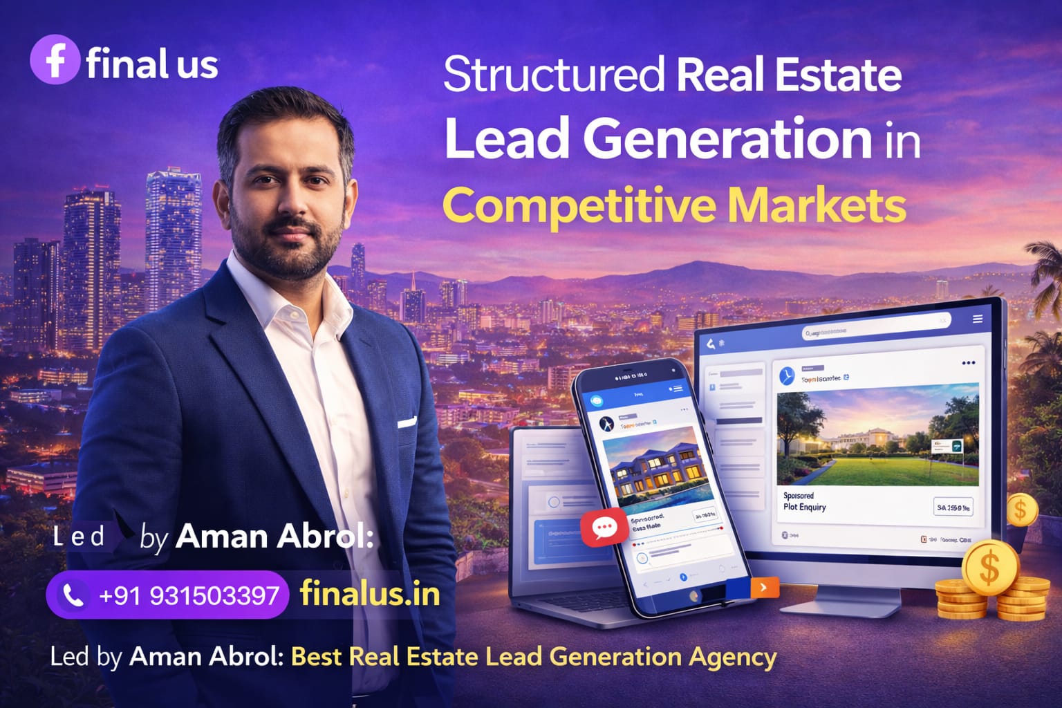 Aman Abrol, Founder of Final Us, showcasing structured real estate lead generation using Meta ads across competitive Indian markets, with Facebook and Instagram ad creatives displayed on digital devices.